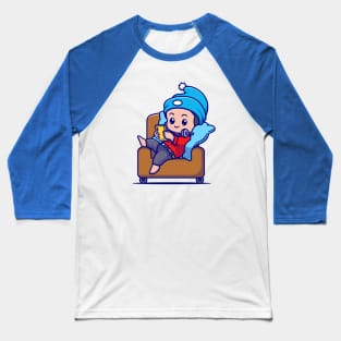 Cute Boy Operating Phone On Sofa Cartoon Baseball T-Shirt